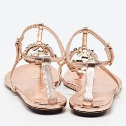 Gucci Metallic Leather Crystal Embellished GG Thong Flat Sandals Size 37