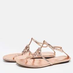 Gucci Metallic Leather Crystal Embellished GG Thong Flat Sandals Size 37