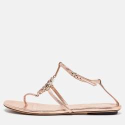 Gucci Metallic Leather Crystal Embellished GG Thong Flat Sandals Size 37