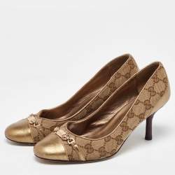 Gucci Metallic/Beige GG Canvas And Leather Bow Cap Toe Pumps Size 37