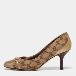 Gucci Metallic/Beige GG Canvas And Leather Bow Cap Toe Pumps Size 37