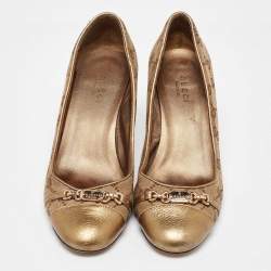 Gucci Metallic/Beige GG Canvas And Leather Bow Cap Toe Pumps Size 37