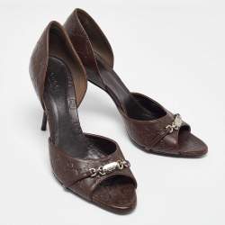 Pre Owned حذاء كعب عالي غوتشي دورسي جلد غوتشيسيما بني مقدمة مفتوحة مزين هورسبيت مقاس 40.5