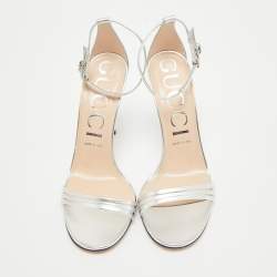 Gucci Silver Leather IIse Ankle Strap Sandals Size 39