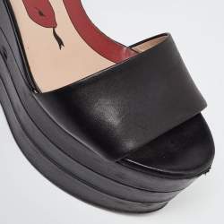 Pre Owned Gucci Black Leather Sally Wedge Platform Ankle Strap Sandals Size 35