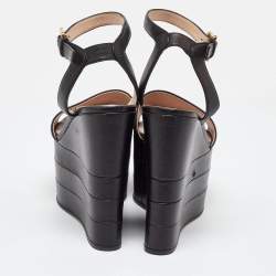 Pre Owned Gucci Black Leather Sally Wedge Platform Ankle Strap Sandals Size 35