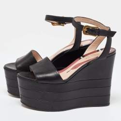 Pre Owned Gucci Black Leather Sally Wedge Platform Ankle Strap Sandals Size 35