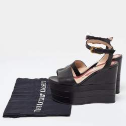 Pre Owned Gucci Black Leather Sally Wedge Platform Ankle Strap Sandals Size 35