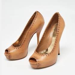 Gucci Brown Leather Whipstitch Detail Platform Pumps Size 36