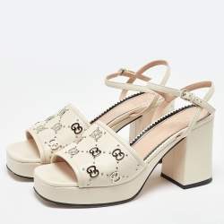 Gucci Beige Leather Interlocking G Studs Block Heel Ankle Strap Sandals Size 38
