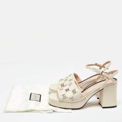 Gucci Beige Leather Interlocking G Studs Block Heel Ankle Strap Sandals Size 38