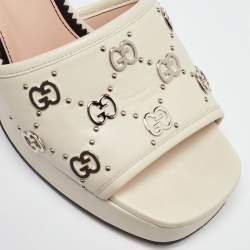 Gucci Beige Leather Interlocking G Studs Block Heel Ankle Strap Sandals Size 38