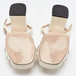Gucci Beige Leather Interlocking G Studs Block Heel Ankle Strap Sandals Size 38