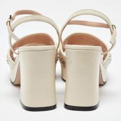 Gucci Beige Leather Interlocking G Studs Block Heel Ankle Strap Sandals Size 38