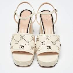 Gucci Beige Leather Interlocking G Studs Block Heel Ankle Strap Sandals Size 38