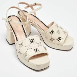 Gucci Beige Leather Interlocking G Studs Block Heel Ankle Strap Sandals Size 38