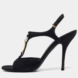 Gucci vintage hot Y2K black suede gold riveted T strap peep toe sandals 38C