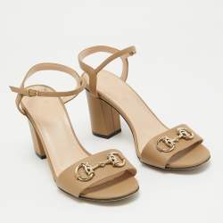 Pre Owned Gucci Brown Leather Horsebit Block Heel Sandals Size 36.5