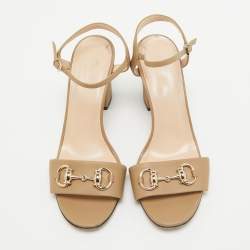 Pre Owned Gucci Brown Leather Horsebit Block Heel Sandals Size 36.5