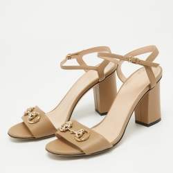 Pre Owned Gucci Brown Leather Horsebit Block Heel Sandals Size 36.5