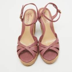 Gucci Pink Guccissima Leather Espadrille Wedge Platform Ankle Strap Sandals Size 36.5