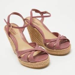 Gucci Pink Guccissima Leather Espadrille Wedge Platform Ankle Strap Sandals Size 36.5