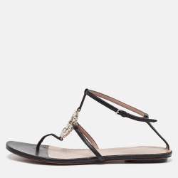 Gucci Black Leather Crystal Embellished GG Thong Flat Sandals Size 38.5