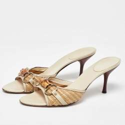 Pre Owned Gucci Brown/Beige Raffia and Leather Bamboo Horsebit Slide Sandals Size 40.5 