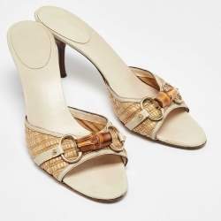 Pre Owned Gucci Brown/Beige Raffia and Leather Bamboo Horsebit Slide Sandals Size 40.5 