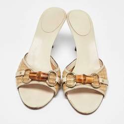 Pre Owned Gucci Brown/Beige Raffia and Leather Bamboo Horsebit Slide Sandals Size 40.5 