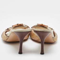 Pre Owned Gucci Brown/Beige Raffia and Leather Bamboo Horsebit Slide Sandals Size 40.5 