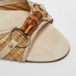 Pre Owned Gucci Brown/Beige Raffia and Leather Bamboo Horsebit Slide Sandals Size 40.5 