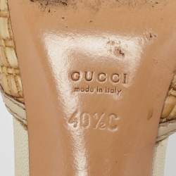 Pre Owned Gucci Brown/Beige Raffia and Leather Bamboo Horsebit Slide Sandals Size 40.5 