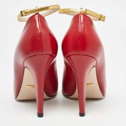 Gucci Red Leather Molina Ankle Strap Pumps Size 37