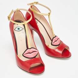 Gucci Red Leather Molina Ankle Strap Pumps Size 37