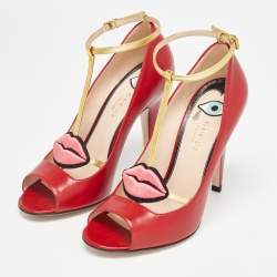 Gucci Red Leather Molina Ankle Strap Pumps Size 37