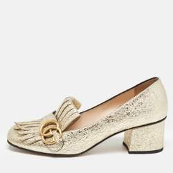 Pre Owned Gucci Gold Texture Leather GG Marmont Pumps Size 38