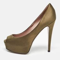 Gucci Olive Green Satin Peep Toe Platform Pumps Size 37