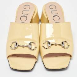 Gucci Yellow Patent Leather Lexi Horsebit Slide Sandals Size 39