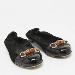 Pre Owned Gucci Black Suede Bamboo Accent Suede Ballet Flats Size 37