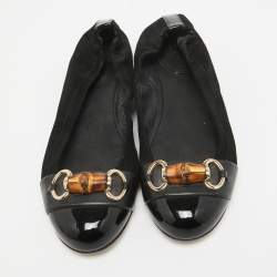 Pre Owned Gucci Black Suede Bamboo Accent Suede Ballet Flats Size 37