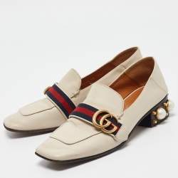 Pre Owned Gucci Cream Leather Embellished GG web Double Pumps Size 38
