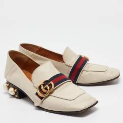 Pre Owned Gucci Cream Leather Embellished GG web Double Pumps Size 38