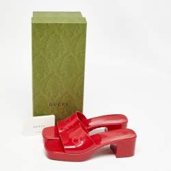Gucci Red Rubber Logo Embossed Slide Sandals Size 36
