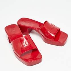 Gucci Red Rubber Logo Embossed Slide Sandals Size 36