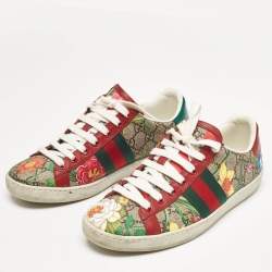 Gucci Beige/Brown GG Supreme Canvas Floral Print Ace Sneakers Size 35.5