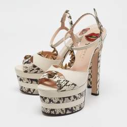 Gucci Cream/Brown Leather and Watersnake Angel Platform Sandals Size 38