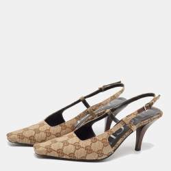 Pre Owned Gucci Beige/Brown GG Canvas Slingback Pumps Size 36.5