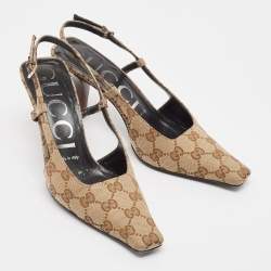 Pre Owned Gucci Beige/Brown GG Canvas Slingback Pumps Size 36.5
