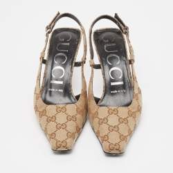 Pre Owned Gucci Beige/Brown GG Canvas Slingback Pumps Size 36.5